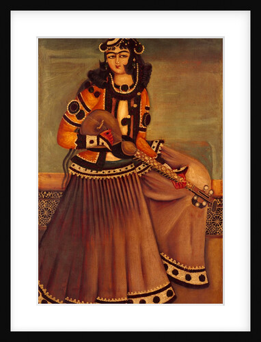 Lady sitting on a dais playing a sort of lute. Tehran, Iran, Qajar dynasty, 19th century by Unknown