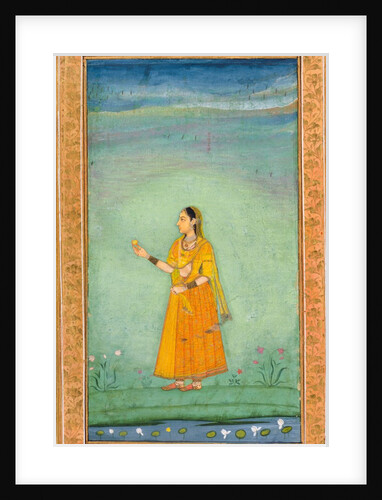 A lady holding a fruit standing by a lily pond by Unknown