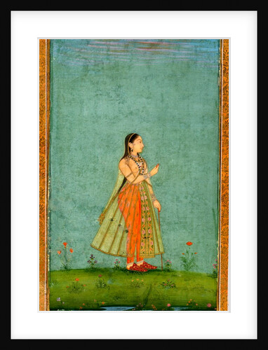 A lady standing against flowers by a lily pond by Unknown