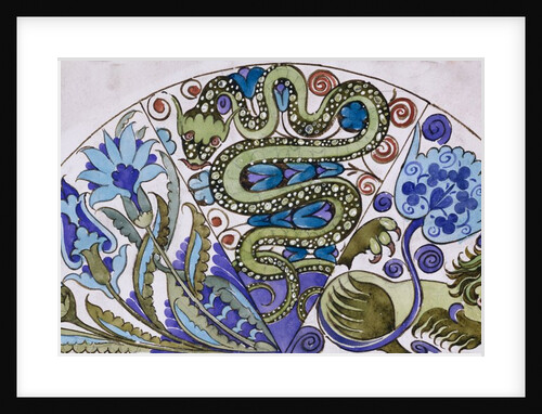 Dish design with Persian foliage, snake and lion by William De Morgan