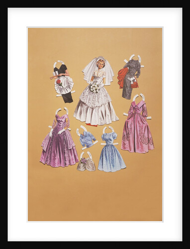 Colour and printed card with bride and women's outfits. US, 1963 by Unknown