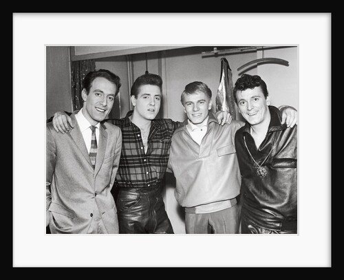 Eddie Cochran (2nd left) with John Barry, Adam Faith and Gene Vincent by Harry Hammond