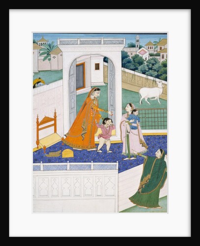 Krishna peering over a wall at Radha and children by Unknown