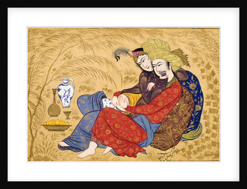 Lovers embracing and drinking wine by Afzal al-husaini