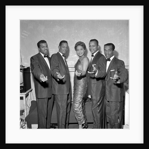 The Platters from left to right, Paul Robi, David Lynch, Zola Taylor, Tony Williams and Herb Reed, posing at the Palladium by Harry Hammond