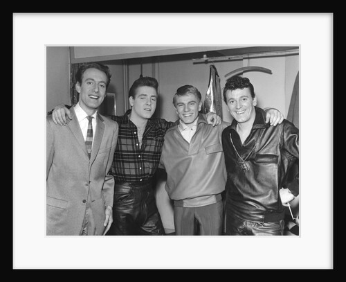 Eddie Cochran (2nd left) with John Barry, Adam Faith and Gene Vincent by Harry Hammond
