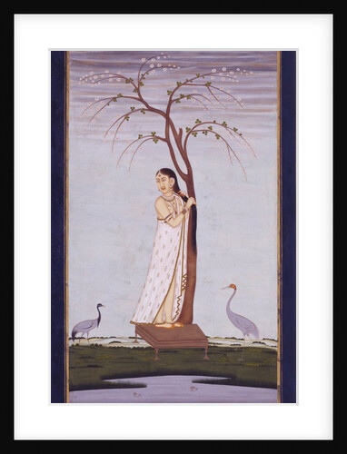 A lady standing beneath a tree braiding or drying her hair by Unknown