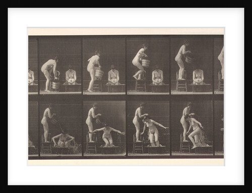 Naked woman pouring water over another woman in a slipper bath by Eadweard Muybridge