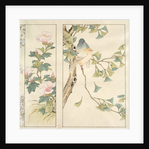 Large flowers with buds and a pair of doves by Anonymous