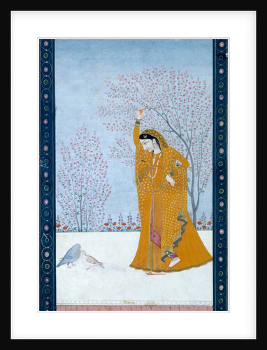 Girl beneath a tree gazing at a pair of pigeons. India, late 18th century by Unknown