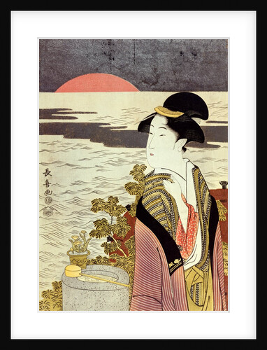 A girl and the sunrise over the sea at New Year by Eishosai Choki