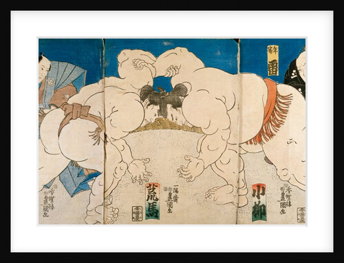Triptych of Two Sumo Wrestlers and Umpire by Utagawa Kunisada