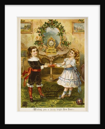 Card showing a boy and a girl pulling Christmas crackers. England, 19th-20th century by Unknown