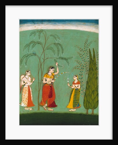 A Princess, her maid and a fly-whisk bearer amongst flowering trees. Bundi, Rajasthan, India, late 17th century by Unknown