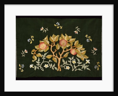Sachet embroidered with fruits on a dark background by May Morris