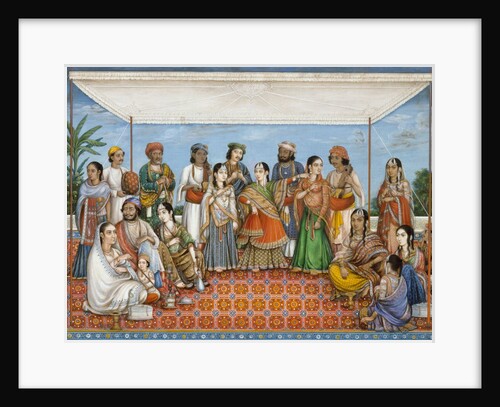 Group of dancing girls and musicians beneath a canopy by Unknown