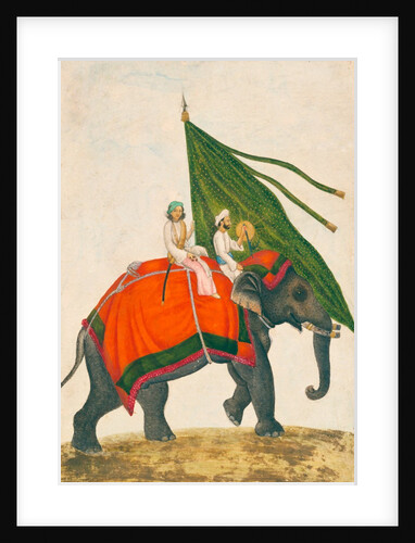 Elephant with a Mahout carrying a green standard with a gold sun on its back by Mazhar Ali Khan