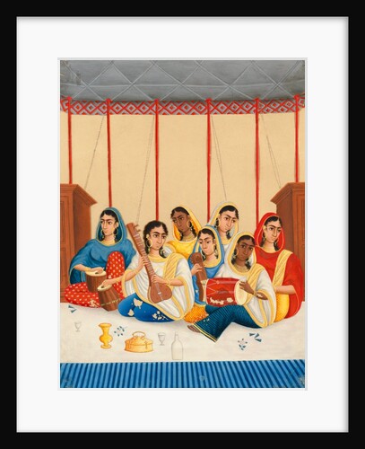 A party of seven female musicians seated under a canopy by Shiva Lal