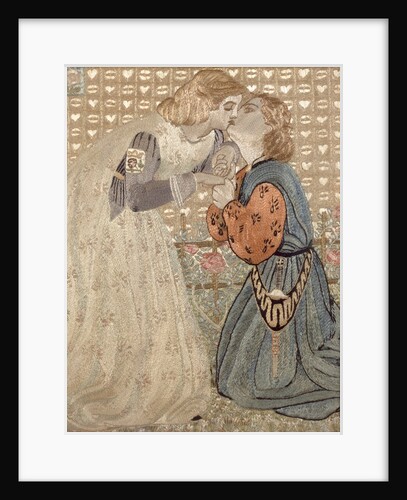 Embroidered picture after an engraving of The Rose Garden by Annie Christian Jack & Dante Gabriel Rossetti