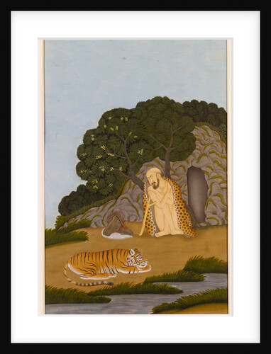 Painting of naked ascetic cloaked in a leopard's skin, sitting by a small fire with a tiger. Murshidabad, India, mid-18th century by Unknown