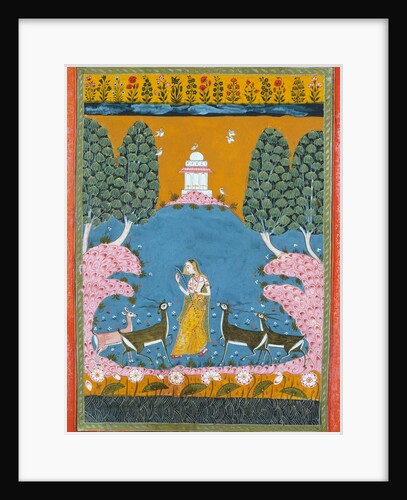 Lady by a stream playing the Vina to four deer. Rajasthan, India, 1680 by Unknown