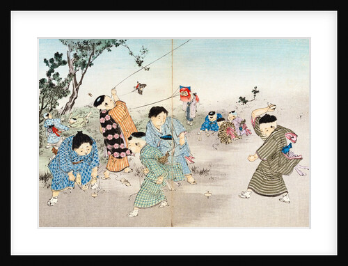 Boys playing with spinning tops & flying kites. Tokyo, Japan, 20th century by Anonymous