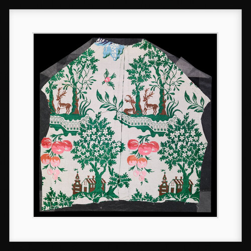 Dress fabric with deer, trees, house and grapes motifs by Unknown