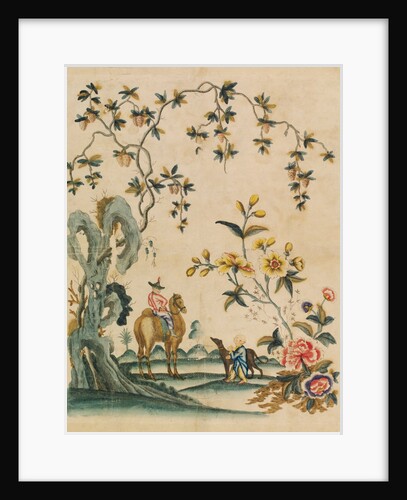 Portion of wallpaper depicting a man on a camel and a boy with a greyhound by Unknown