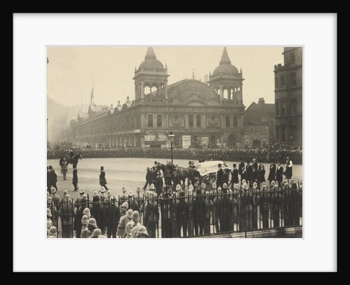 Mourners and a horse's carriage transporting The Right Hon. W E Gladstone's coffin at Westminster Abbey by S.B. Bolas
