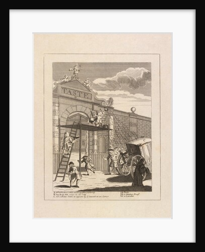 Etching depicting William Kent on top of the gate flanked by Raphael and Michelangelo by William Hogarth