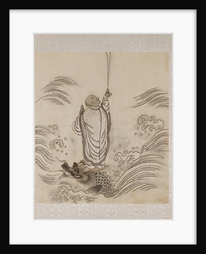 Lohan on the back of a dragon holding a pair of gourd vases by Unknown
