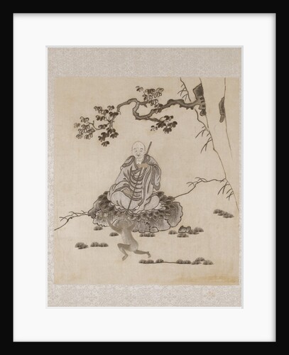 Lohan seated on a rock with a monkey running in front of him by Unknown