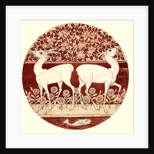 Circular dish design showing two deer, a fruit tree, a fish, and flowers by William Frend De Morgan