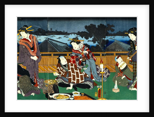 Ryogoku Yukei:Hitome Senkin, an Actor of The  Narikoma Acting House, Relaxing with Courtesans by Utagawa Kunisada