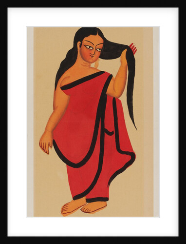 Courtesan in sari holding her long dark hair by Kali Charan Ghosh