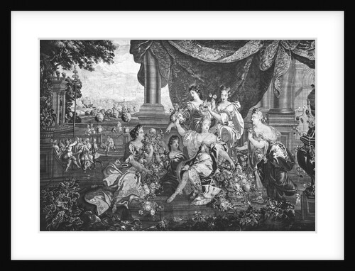 Tapestry depicting women with flowers and people dancing in the back by Anonymous
