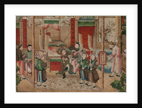 Panel of Chinese wallpaper depicting a theatrical performance, detail by unknown