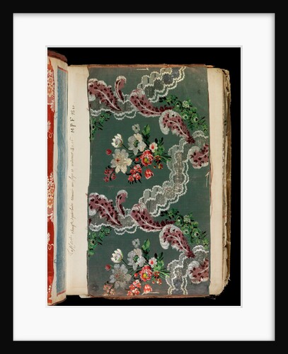 Dress silk with meanders of lace alongside flower bouquets by Unknown