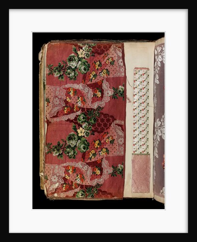 Sample of dress silk with scrolling flowers around lace handkerchiefs by Unknown