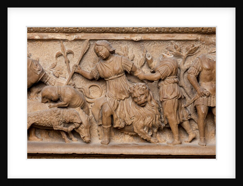 Detail of a fireplace with carved hunting scenes by Anonymous