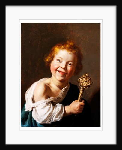 A laughing child holding a wicker rattle by Jan de Bray