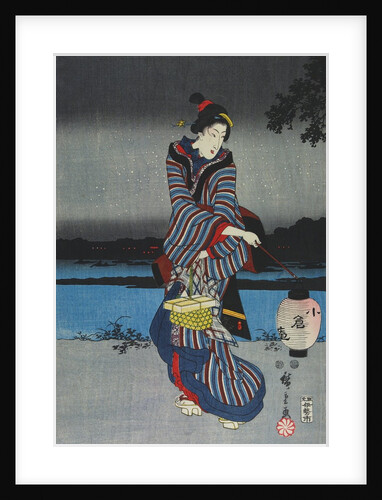Young woman admiring cherry blossom at night, detail of triptych by Utagawa Hiroshige