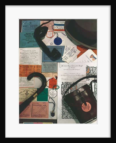 Arrangement of hat, umbrella, binoculars case and various tickets by Curtis Moffat