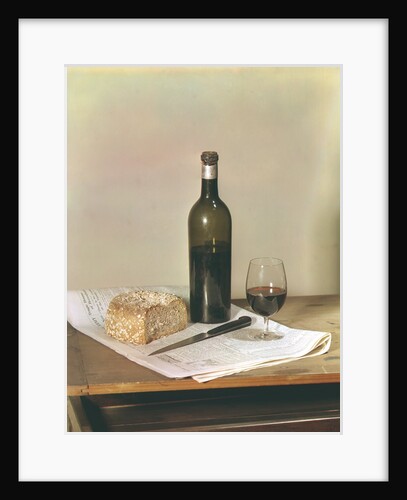 Arrangement of wine bottle, glass and bread by Curtis Moffat