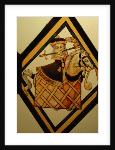 The Betley Window stained glass panel, detail of a man on a hobby horse by Stuart Cox