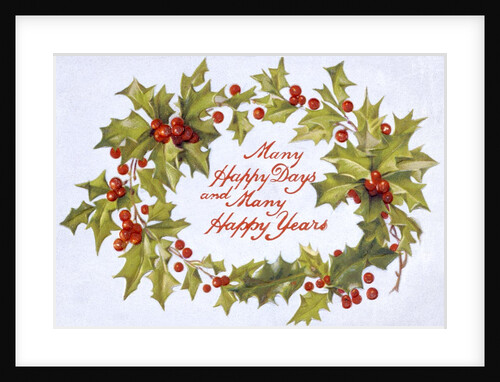 Christmas card depicting a holly wreath by Anonymous
