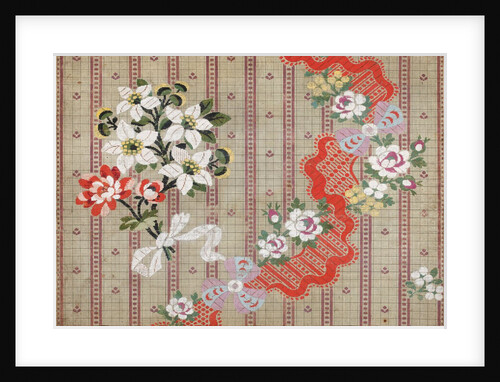 Draft for a woven silk with bows and flowers meander on stripes by Anonymous