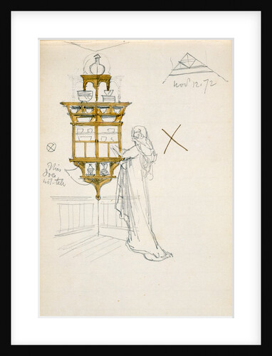Woman standing besides a hanging cabinet by Edward William Godwin
