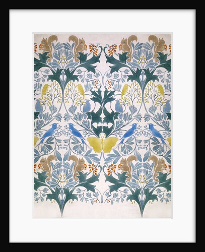 Wallpaper design with stylised flowers and wild animals decoration by Charles Francis Annesley Voysey