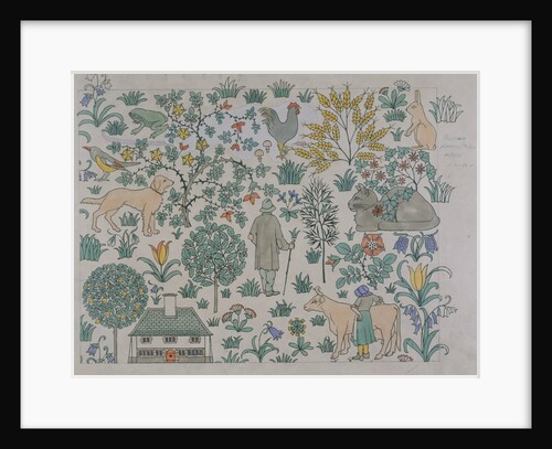 Nursery textile design depicting a farm by Charles Francis Annesley Voysey